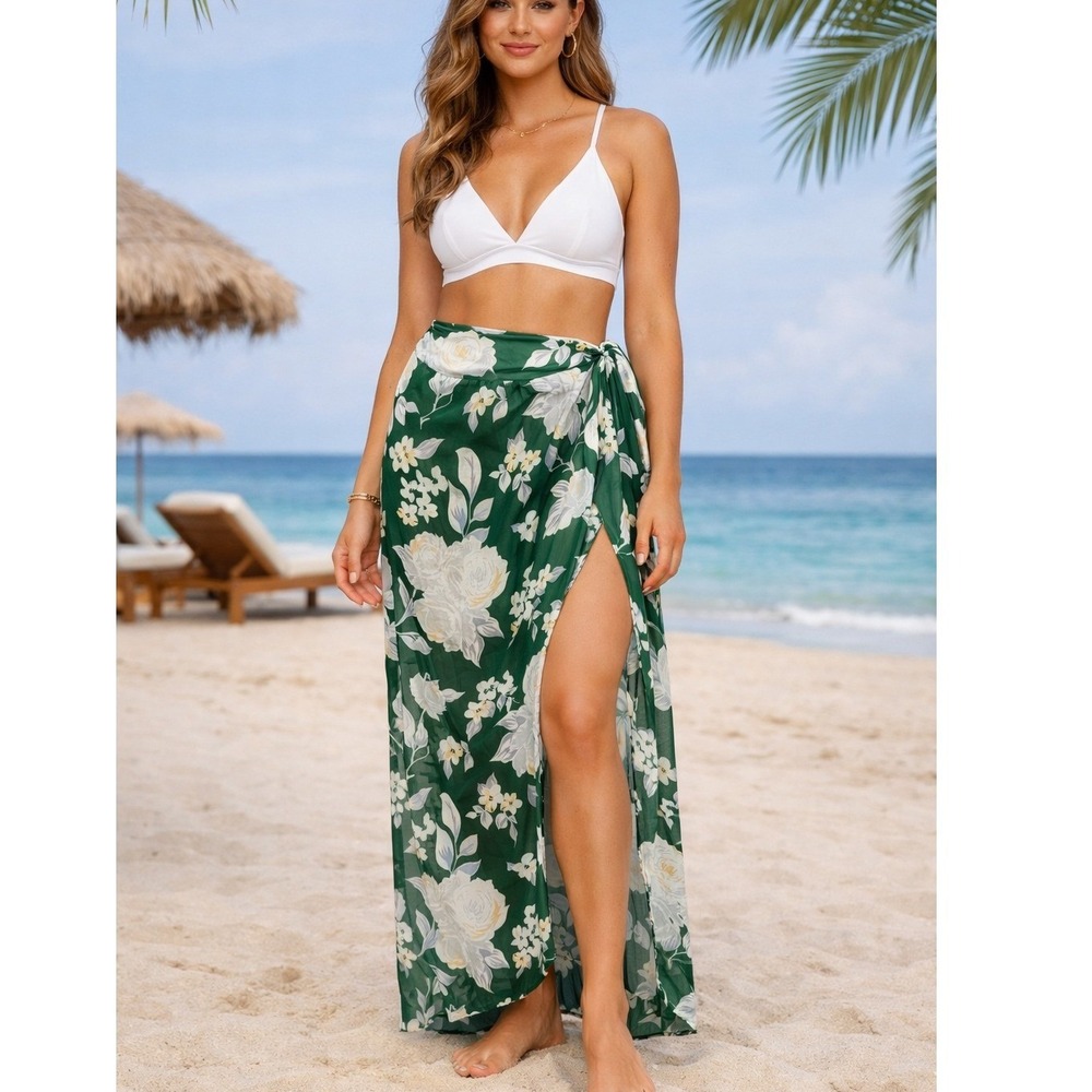 Unbranded Swim Cover Up Green Floral Mesh‎ Wrap Sarong Skirt Large